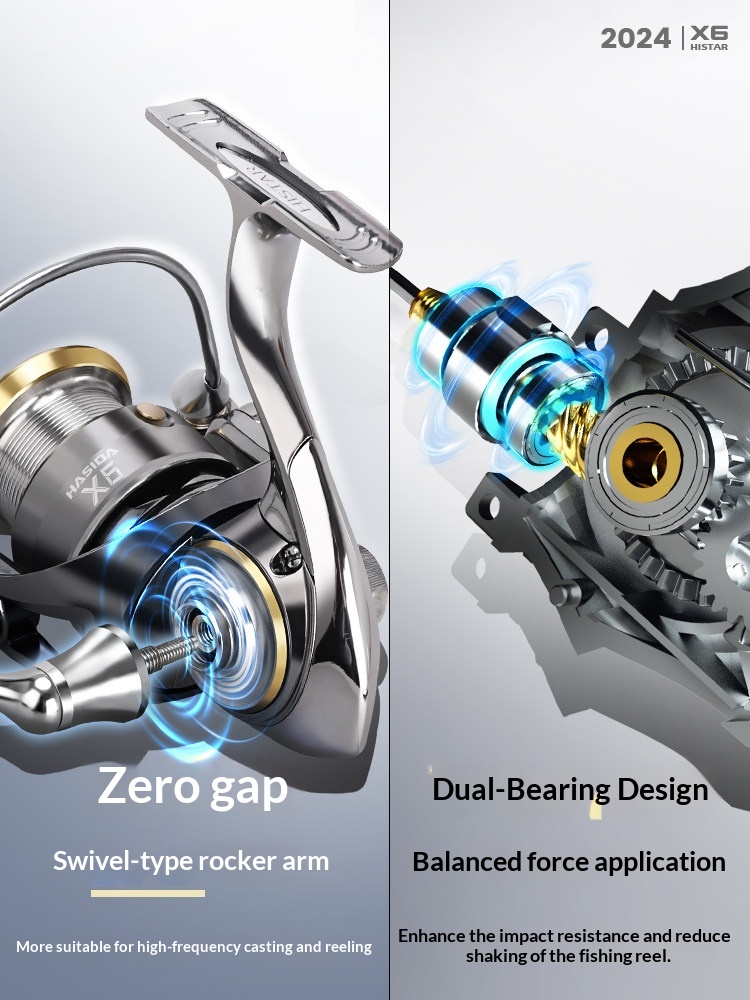 Developing Tank Reel - ハシダX6スピニングリール。金属製のスプールを採用し、遠投性能に優れ、軽量で、ルアー釣りや磯釣り、海釣りに適しています。