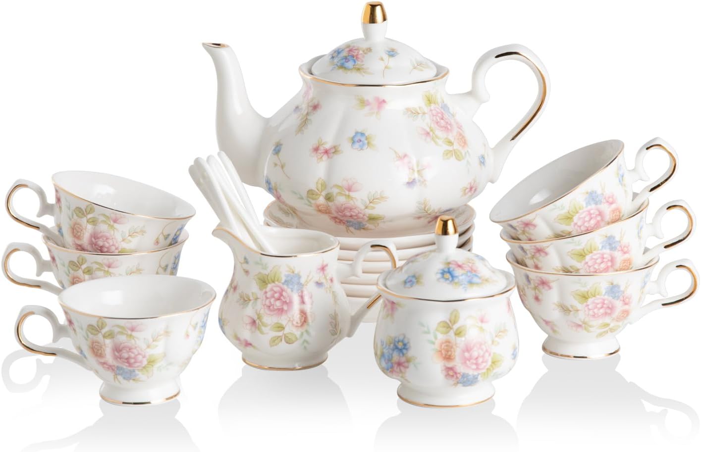 Vintage Collectible Spoons - 磁器製、アンティーク調の花柄ティーセット。英国風のレリーフ模様が施された金縁のティーポット、カップ、ソーサーのコレクション。ティーポット、砂糖入れ、ミルクピッチャー、スプーン、カップ、ソーサー、小花柄の装飾が付いた、大人のための22点セットのティーサービス。