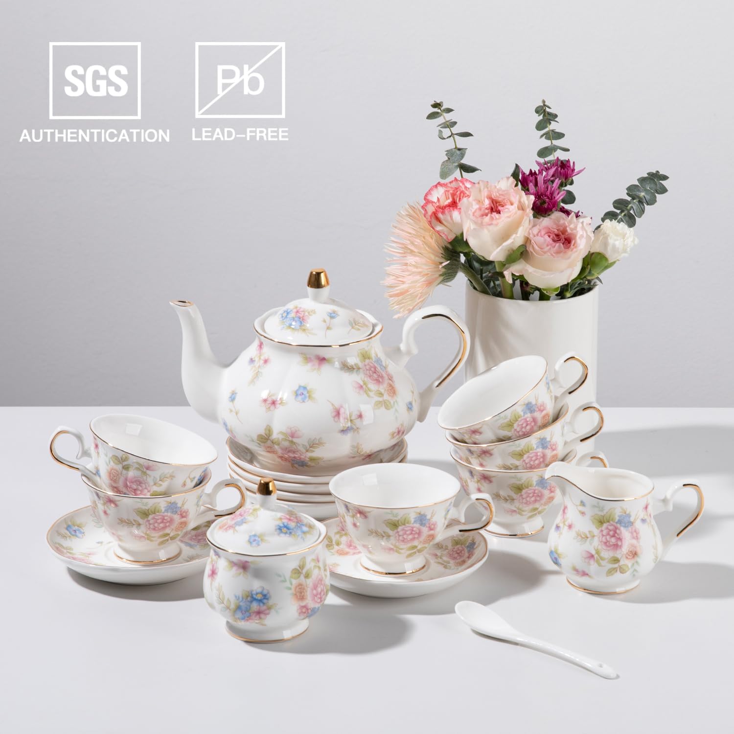 磁器製、アンティーク調の花柄ティーセット。英国風のレリーフ模 - Vintage Collectible Spoons のレビューと価格